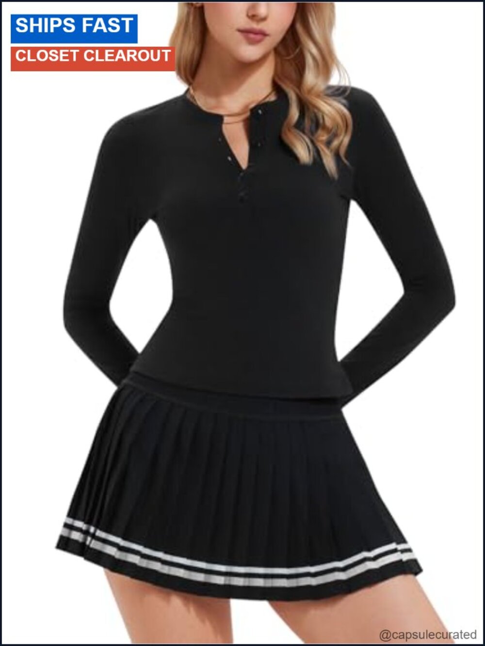 Women's Long Sleeve Henley & Pleated Skort 2 Piece Tennis Set Pickleball Outfit